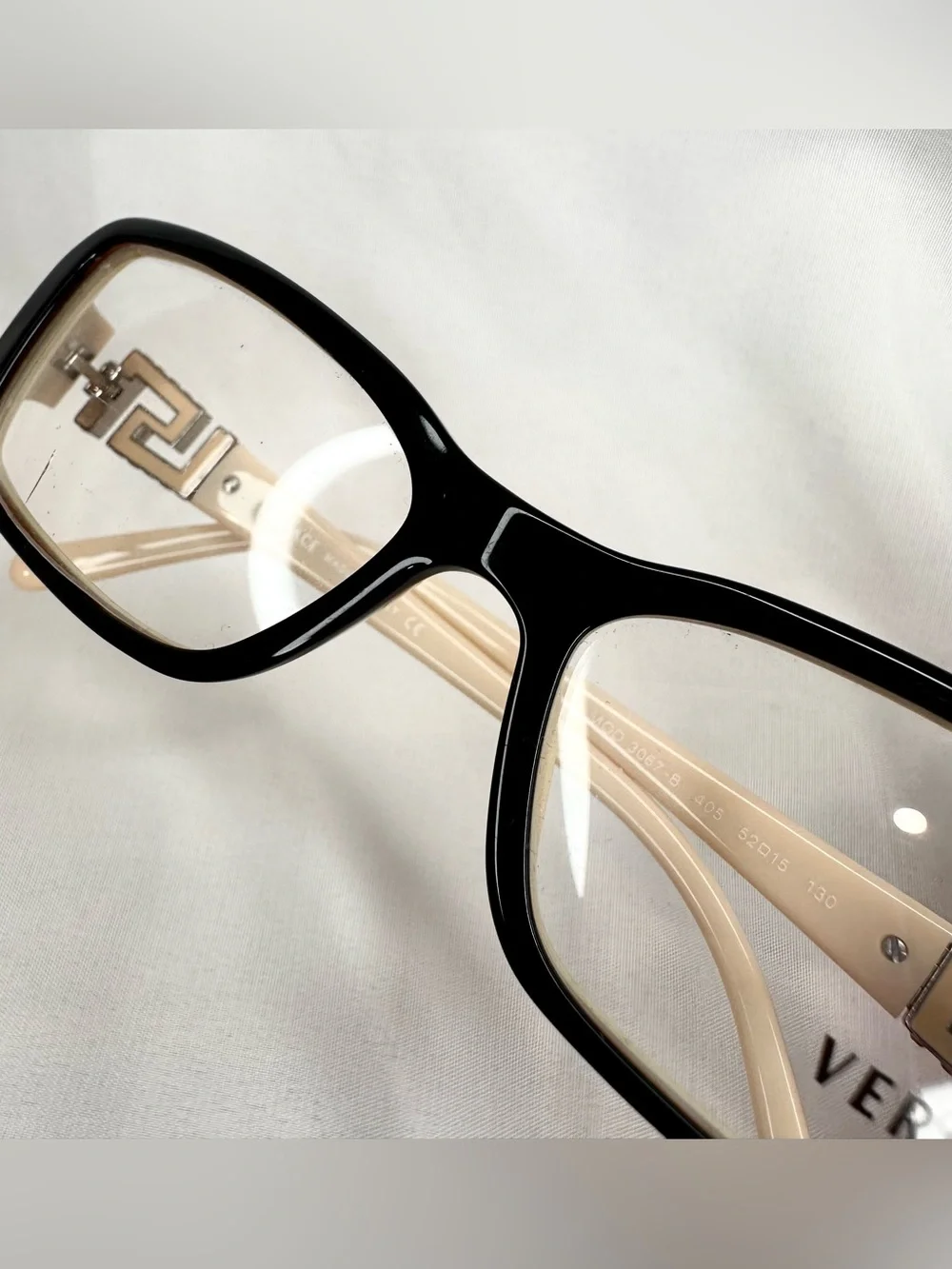 VERSACE Vintage Cream and Bkack Square Frame Glasses with Geometric Accent